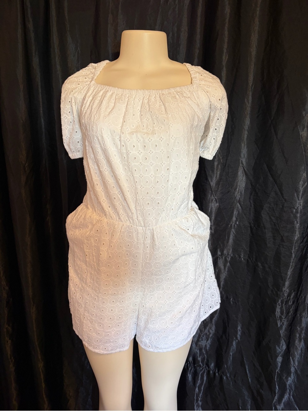 White Eyelet Short-Sleeve Romper with Pockets